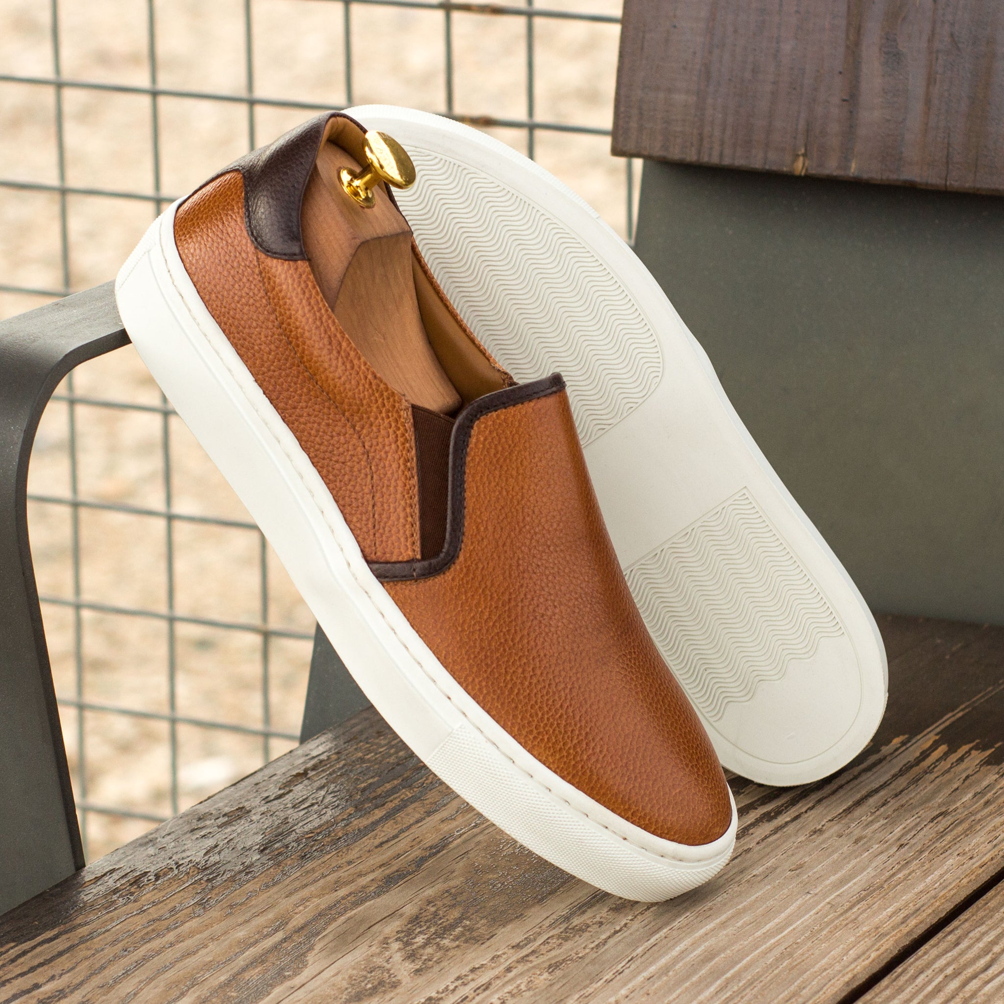 Cognac Full Grain Leather Slip On Sneakers Customize Your Sneakers ADORSI