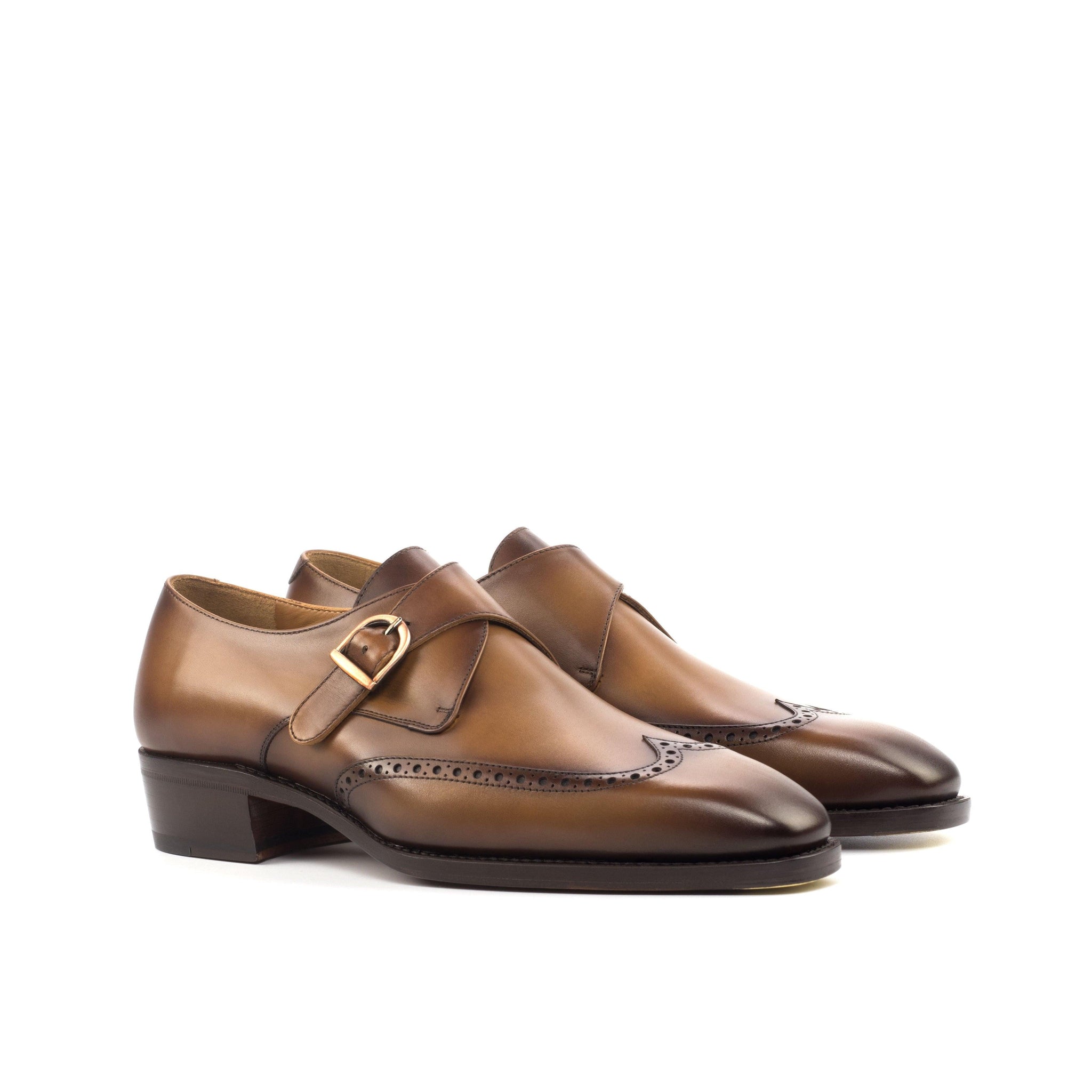 Burnished Cognac Leather Single Monk Shoes - D + EE Widths